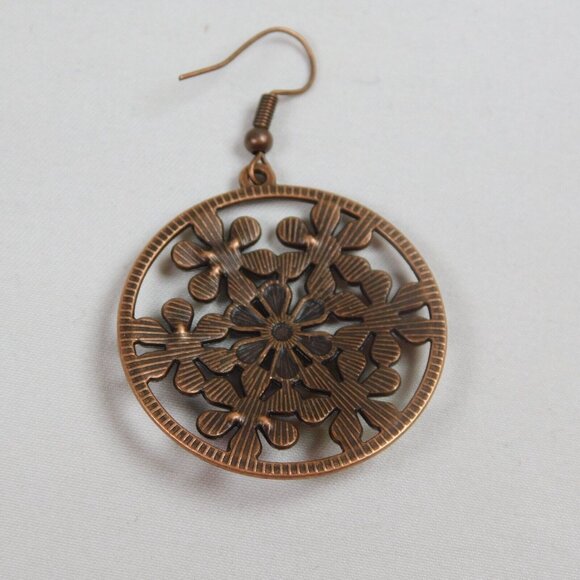 Flower Power Boho Bronze Tone Round Drop Earrings Multicolor Cutout 2.25" Dia - Picture 4 of 7